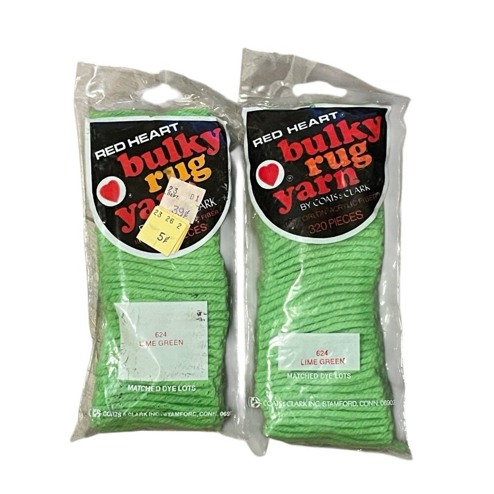 Lot Of 2 VTG Red Heart Bulky Rug Yarn #624 Lime Green, Latch Hook Acrylic NOS